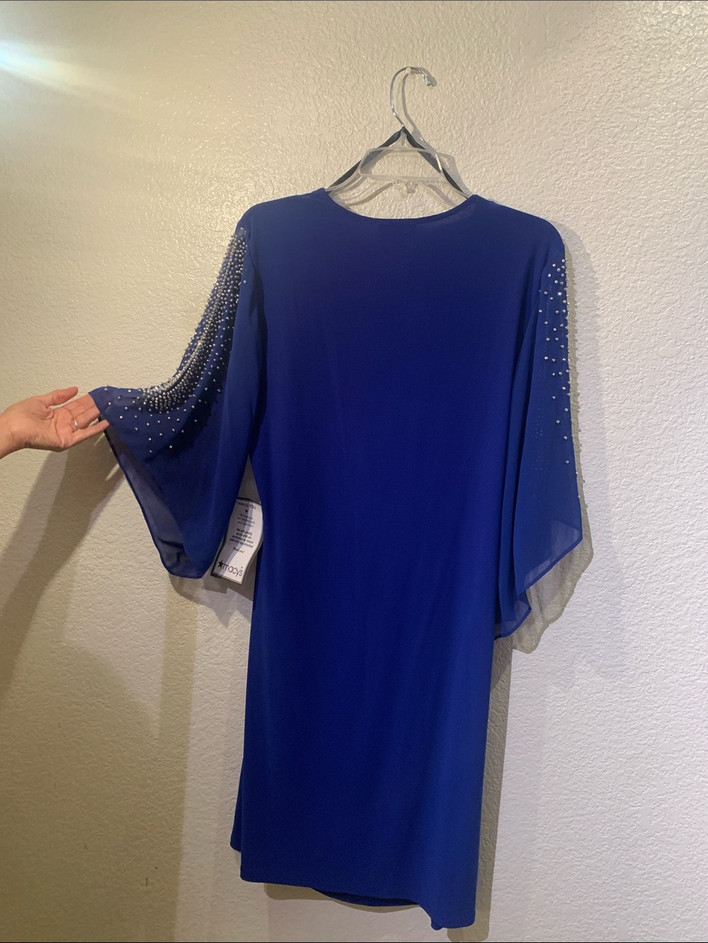MSK Royal Blue Draped V-Neck Dress with Beaded Sheer Sleeves - Picture 8 of 9